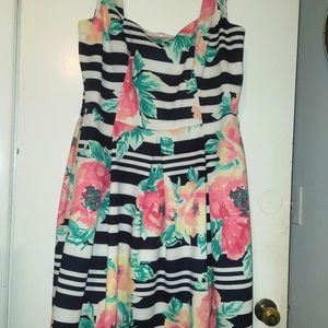 Navy and White Striped Dress with Floral Design